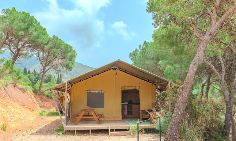 Tenda glamping immersa nella natura, circondata da alberi e montagne.